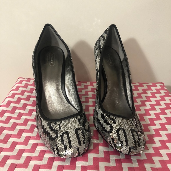 Coach Silver & Black Poppy Sequin Wedges 11 - Picture 2 of 5